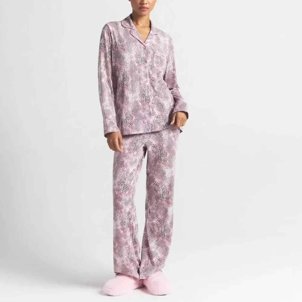 Skims Pajama Set animal print button up long sleeve pants womens Pink medium